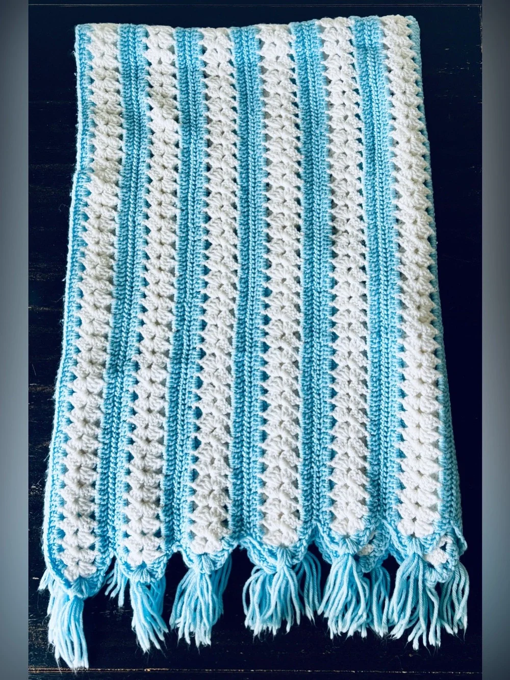 Vintage Handmade Crochet  Blue White Striped Afghan Blanket Throw 58x38